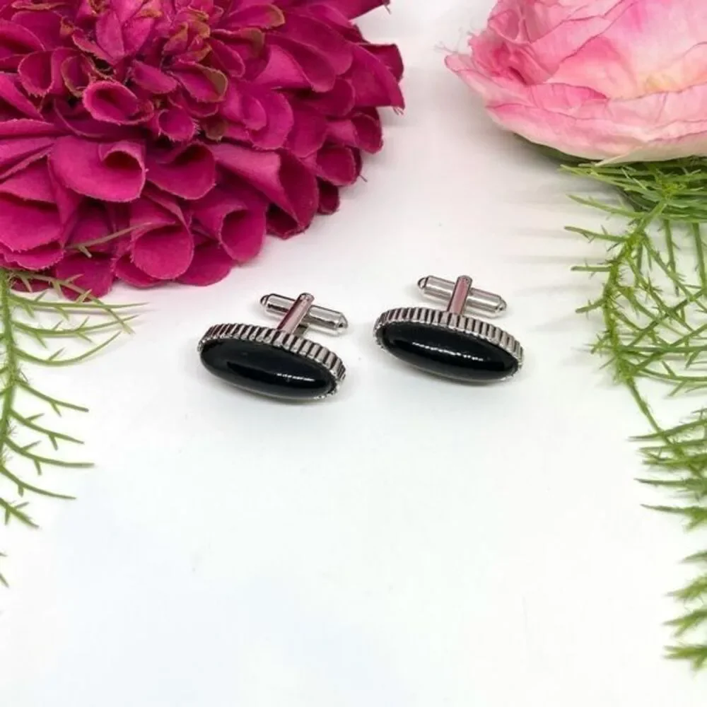 VINTAGE⚜️CUFF LINKS Black Acrylic Detailed Edging - Art Deco Style